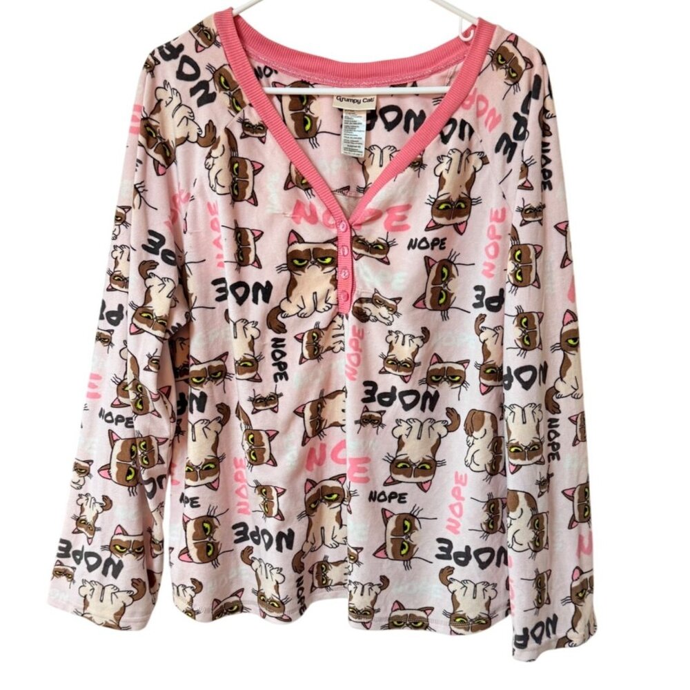 Grumpy Cat Nope Sleepwear Top Plus Size 2XL Shirt Pink Long Sleeve Loungewear